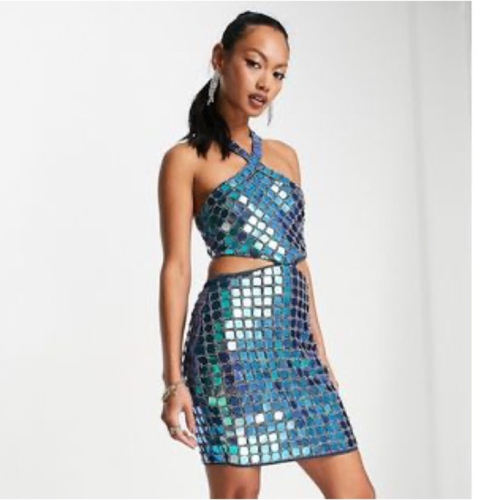 ASOS DESIGN Tile Embellished Halter Mini Dress in Teal